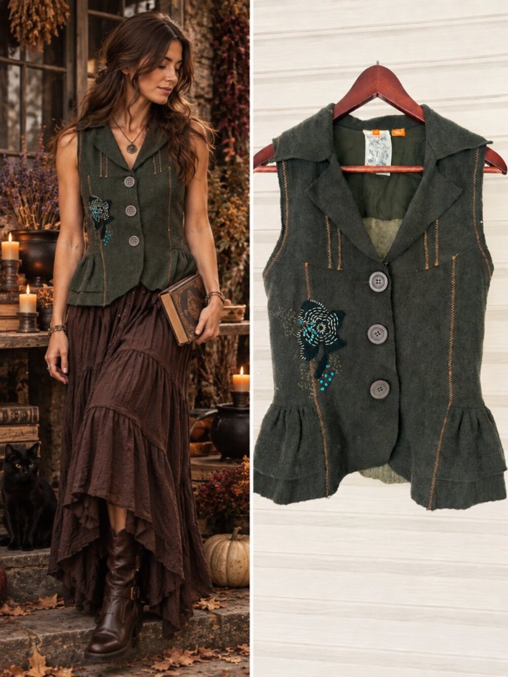 N.T.S Not The Same Dark Green 100% Wool Applique Button Vest Whimsigoth 36